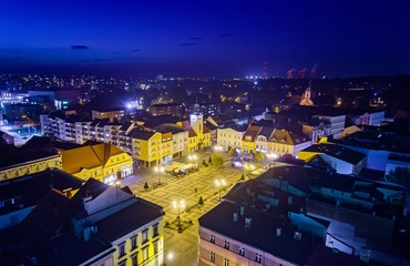 Aerial drone view Rybnik main square at night.