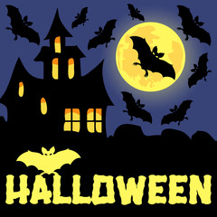 A poster on the theme of the Halloween holiday. Flying bats in full moon on background of the old castle and the inscription Halloween. Vector cartoon close-up illustration.