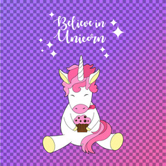 Naklejka premium Beautiful cartoon unicorn art in a flat style. Design for baby clothes. Magical animal. Cute unicorn character. Vector illustration.