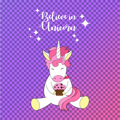 Beautiful cartoon unicorn art in a flat style. Design for baby clothes. Magical animal.  Cute unicorn character. Vector illustration.