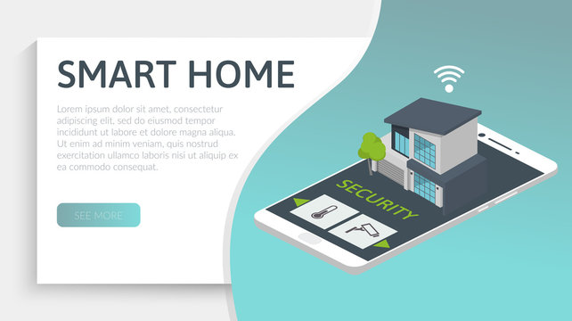 Smart house concept. Isometric image with modern home and smart phone. 3d vector illustration