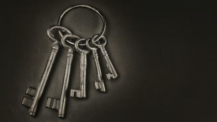 A bunch of old copper keys on a black background