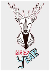 New Year Greeting Card. Deer illustration.