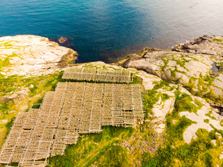 Cod stockfish drying on racks, Lofoten islands Norway