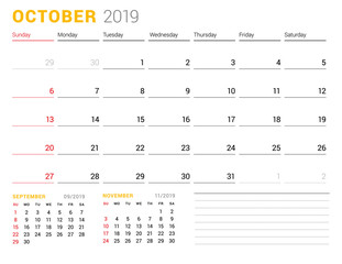 Calendar template for October 2019. Business planner. Stationery design. Week starts on Sunday. 2 Months on the page. Vector illustration