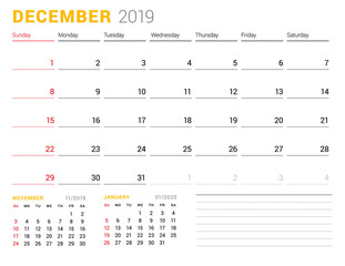 Calendar template for December 2019. Business planner. Stationery design. Week starts on Sunday. 2 Months on the page. Vector illustration