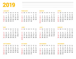Calendar template for 2019 year. Stationery design. Week starts on Sunday. 12 Months on the page. Vector illustration