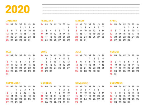 Calendar template for 2020 year. Stationery design. Week starts on Sunday. 12 Months on the page. Vector illustration