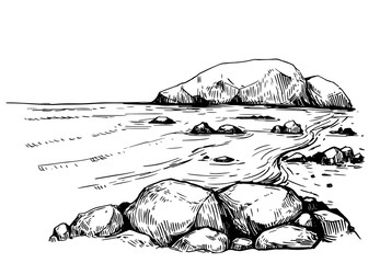 Fototapeta premium Morze ze skałami. Ręcznie rysowane ilustracja przekonwertowana do wektora