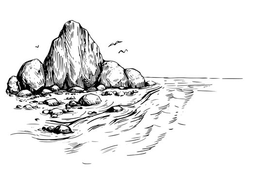 Sea with rocks. Hand drawn illustration converted to vector