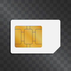 Sim card vector template isolated on transparent background. Chip with data storage for mobile phones and computers. Integrated circuit for personal smartphones. Subscribers authentication device.