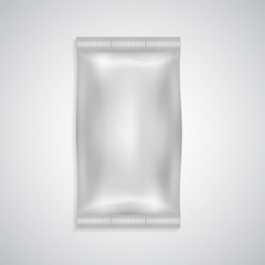 Plastic package with foil inside isolated on white. Wet tissues, cookies, bars, muffins, small snacks, travel accessory pack. Sealed polyethylene bag for sterile or disposable tools. Vector mock up.