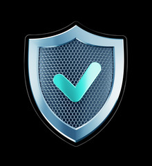 Cyber Defense. Metallic shield designed in 'technological style' isolated on black background. 3D rendering graphics.