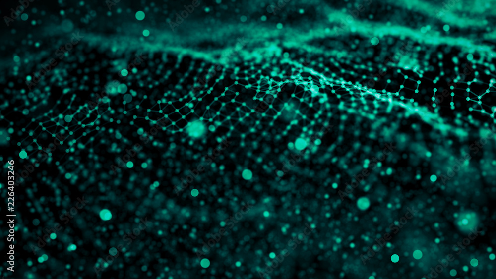 Poster data technology. wave with connecting dots and lines on dark background. science background. 3d abst