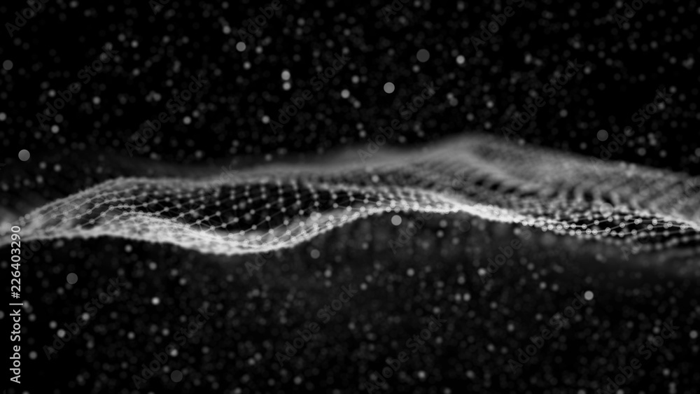 Poster data technology. wave with connecting dots and lines on dark background. science background. 3d abst