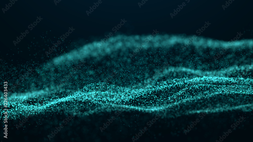 Poster wave glow. wave of particles. wave 3d. 3d rendering. futuristic blue dots background with a dynamic 