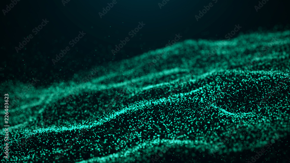 Poster wave glow. wave of particles. wave 3d. 3d rendering. futuristic green dots background with a dynamic
