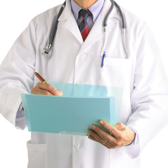 Doctor writing in chart, man is unrecognizable