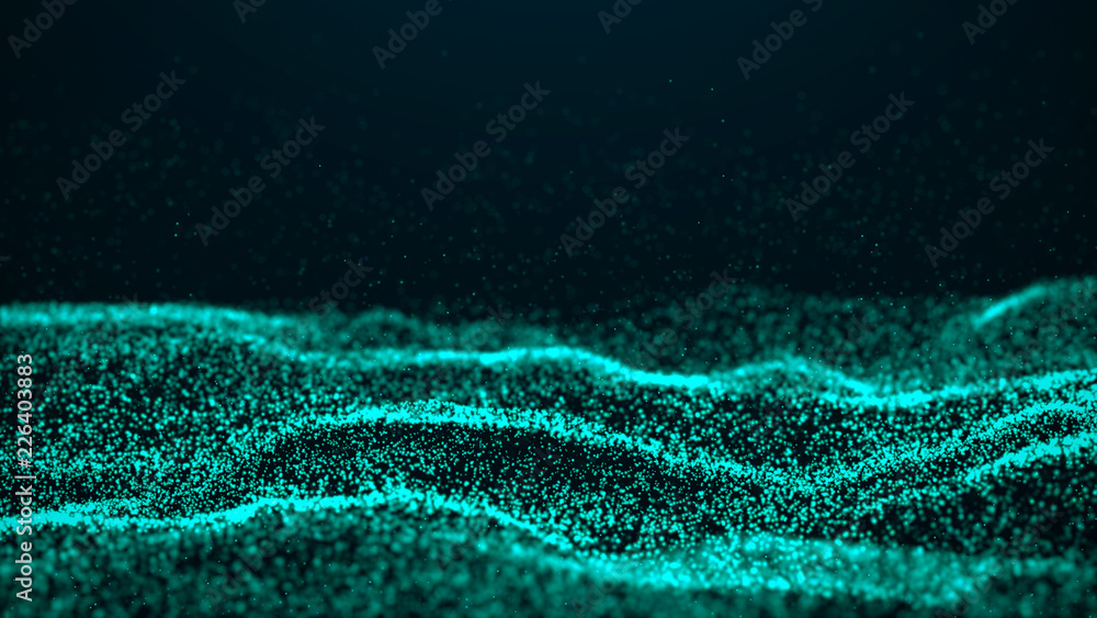 Poster wave glow. wave of particles. wave 3d. 3d rendering. futuristic blue dots background with a dynamic 