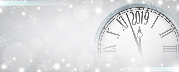 Obraz na płótnie Canvas Vector 2019 Happy New Year with retro clock on gray snowflakes background
