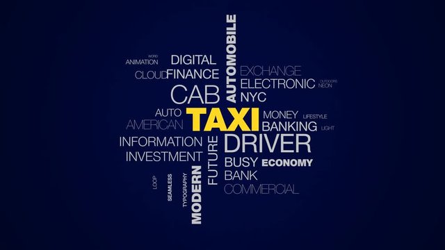 taxi driver cab automobile city contemporary commerce metropolitan passenger modern uber animated word cloud background in uhd 4k 3840 2160.