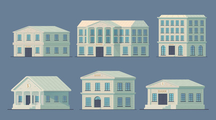 Set of bank building in the city. Bank building to serve the public and conduct financial and credit operations. Vector illustration.