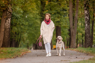 A woman walks with her labrador in the fall.