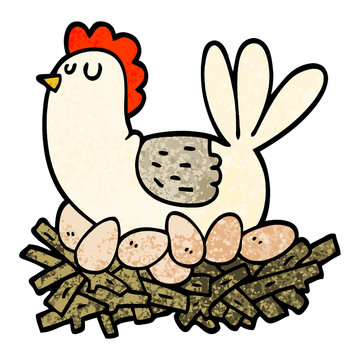 grunge textured illustration cartoon chicken on nest of eggs