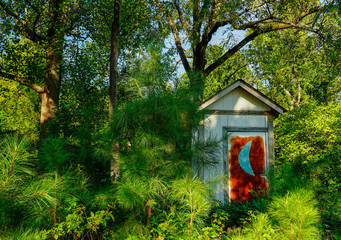 Fototapeta na wymiar A closeup of an old-fashioned outhouse with a blue moon in North Carolina.