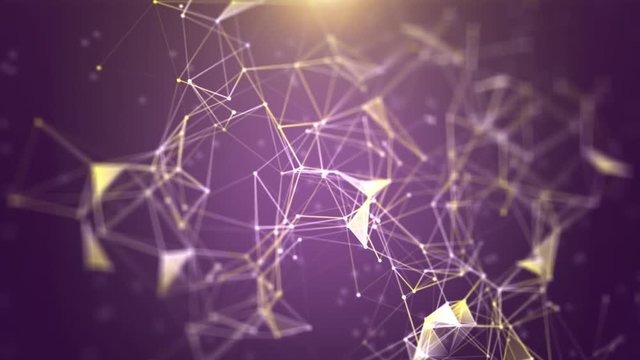 Plexus of abstract violet geometrical lines with moving triangles and dots ?n a black background animations.