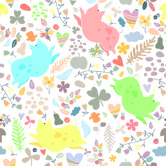 Beautiful seamless pattern with cute colorful pigs, leaves, flowers, hearts on white background. Bright vector design