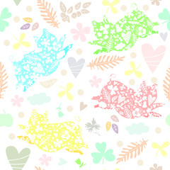 Cute light background with pigs, flowers, leaves and hearts. Wrapping paper design with symbol Chinese New year 2019