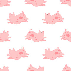 Funny pink pigs on white background. Cute cartoon seamless pattern