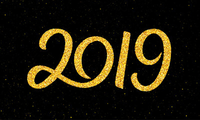 Happy New Year 2019 greeting card design template with gold text on black background. Calligraphy for chinese year of the pig. Vector illustration