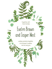 Wedding floral invitation, invite card. Vector watercolor set green forest fern, herbs, eucalyptus, branches boxwood, buxus. Natura, botanical green decorative round frame, border, circle