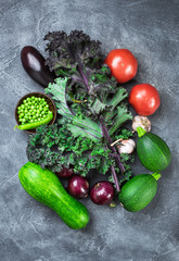 Various vegetables top view. Vegetarian cooking ingredients