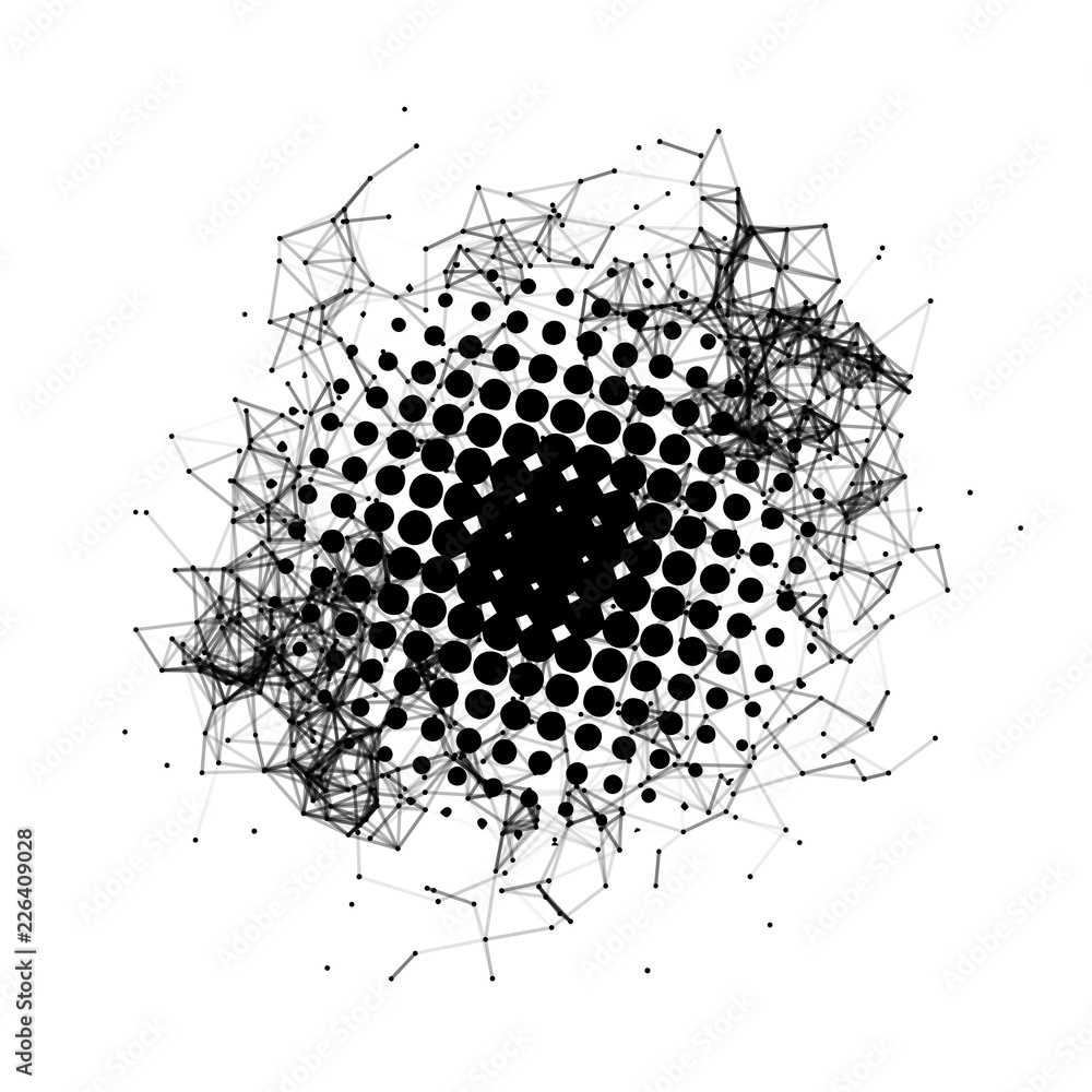 Poster halftone. black circle. futuristic technology style. background vector. plexus effect. vector illust