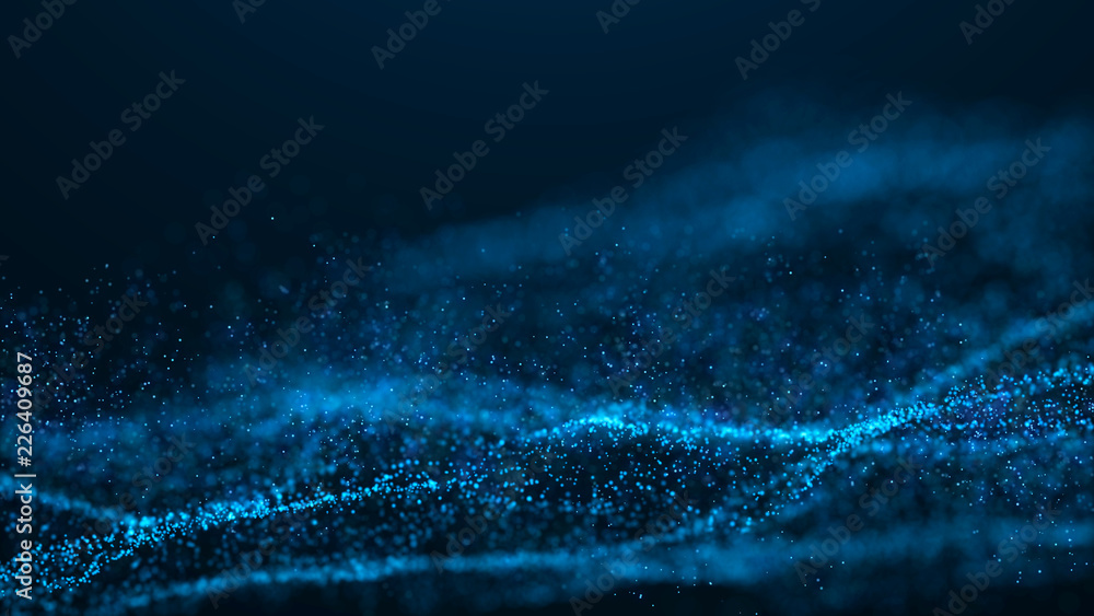 Poster wave glow. wave of particles. wave 3d. 3d rendering. futuristic blue dots background with a dynamic 