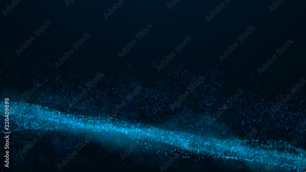 Poster Wave Glow. Wave of particles. Wave 3d. 3d rendering. Futuristic blue dots background with a dynamic wave. Abstract Big Data Visualization.