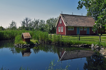 Fototapeta na wymiar Wooden house with thatched roof by a duck pond