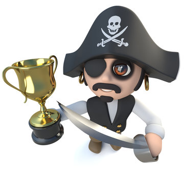3d Funny cartoon pirate captain character holding a gold cup trophy award, a successful winner!