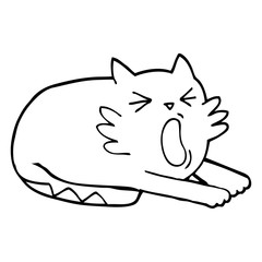 Naklejka premium black and white cartoon yawning cat