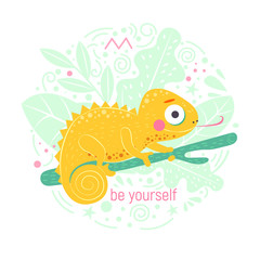 Cute yellow chameleon sitting on the green branch and with word be yourself with light green leaves on background, vector illustration. Art poster for nursery or kids room poster