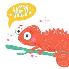 Cute orange chameleon sitting on the green branch and with word hey on white background, vector illustration. Cartoon illustration of chameleon