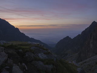 Orange Sunset or sunrise sk, view form teryho chata cabin to valley, High Tatras mountains, Slovakia
