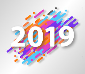 Creative happy new year 2019 card on modern dynamic background. Perfect for presentations, flyers and banners, leaflets, postcards and posters.