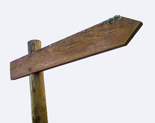 empty wooden sign on stone wall isolated in white background