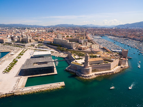 Aerial view of Marseille pier - Vieux Port, Saint Jean castle, and mucem in south of France