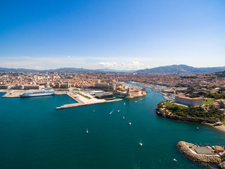 Fototapeta na wymiar Aerial view of Marseille pier - Vieux Port, Saint Jean castle, and mucem in south of France