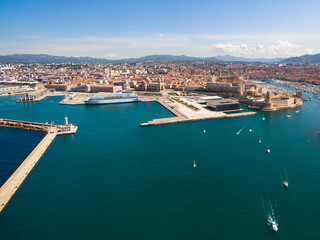 Fototapeta premium Aerial view of Marseille pier - Vieux Port, Saint Jean castle, and mucem in south of France